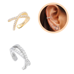 Ear cuff χιαστή με λευκές πέτρες ζιργκόν από ασήμι 925 σε 2 Αποχρώσεις